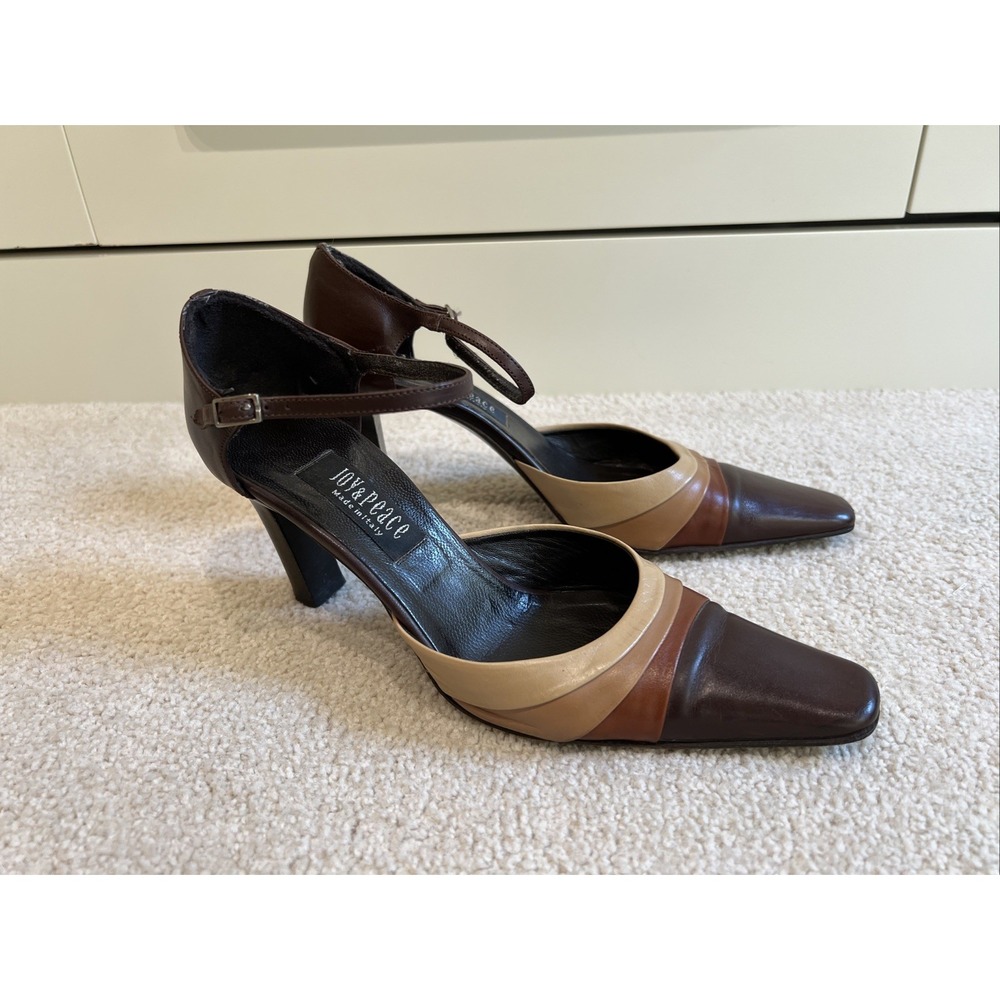 Joy & Peace Brown Leather Square Toe Heels Size 36.5 Retro 70s Vibe Italy US 6.5